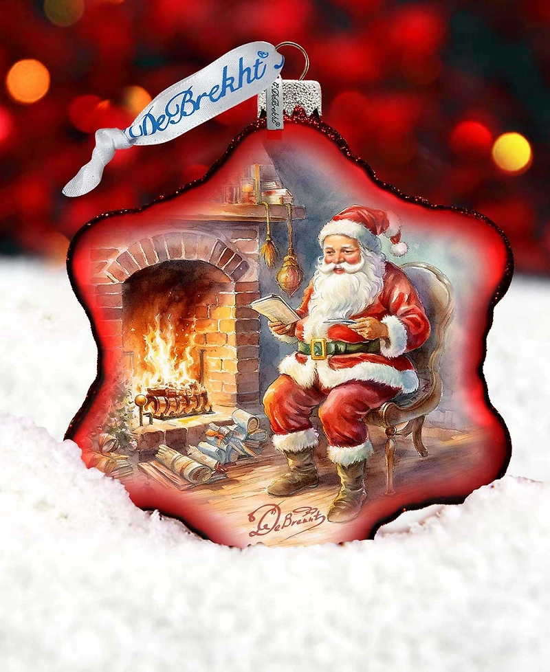 Designocracy Santa at the Fireplace Snowflake Mercury Glass Christmas Ornaments G. DeBrekht