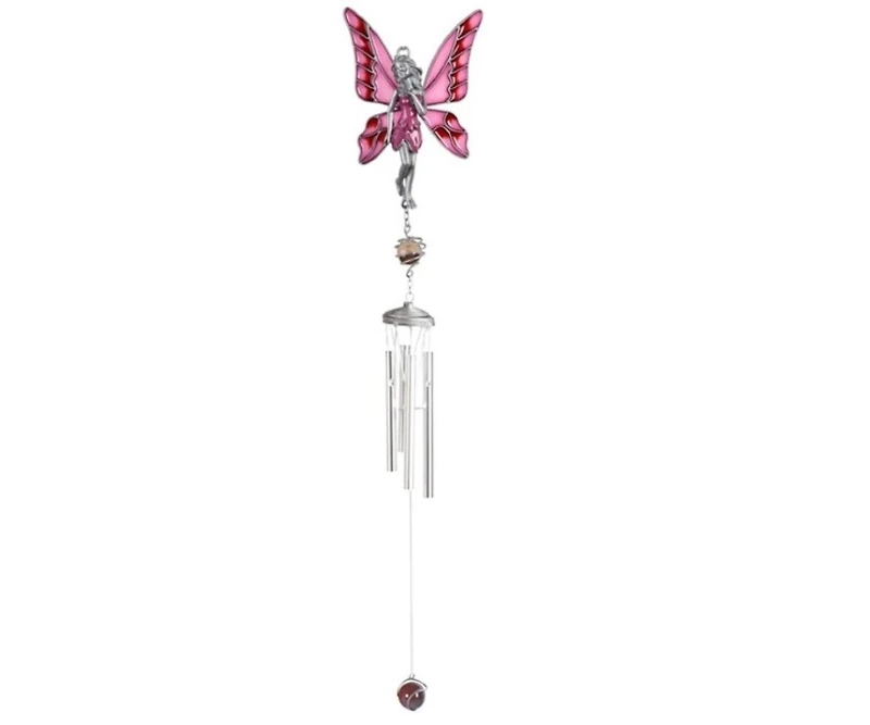 28" Long Pink Fairy Pewter Gem Wind Chime