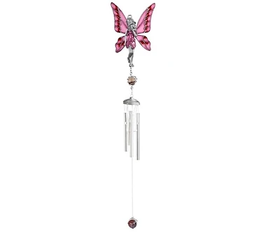 28" Long Pink Fairy Pewter Gem Wind Chime