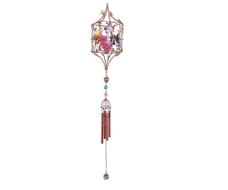 33" Long Butterfly Copper and Gem Wind Chime with Candle Holder