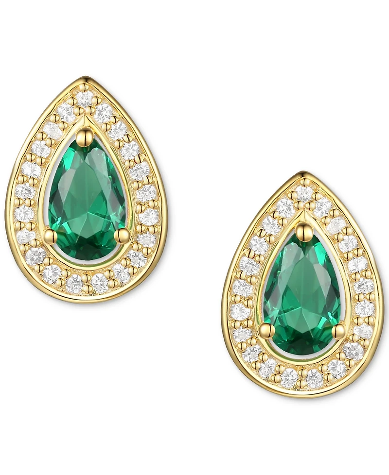 Lab-Grown Emerald (1/3 ct. t.w.) & White Sapphire (1/6 Pear Halo Stud Earrings 14k Gold-Plated Sterling Silver (Also Tanzani