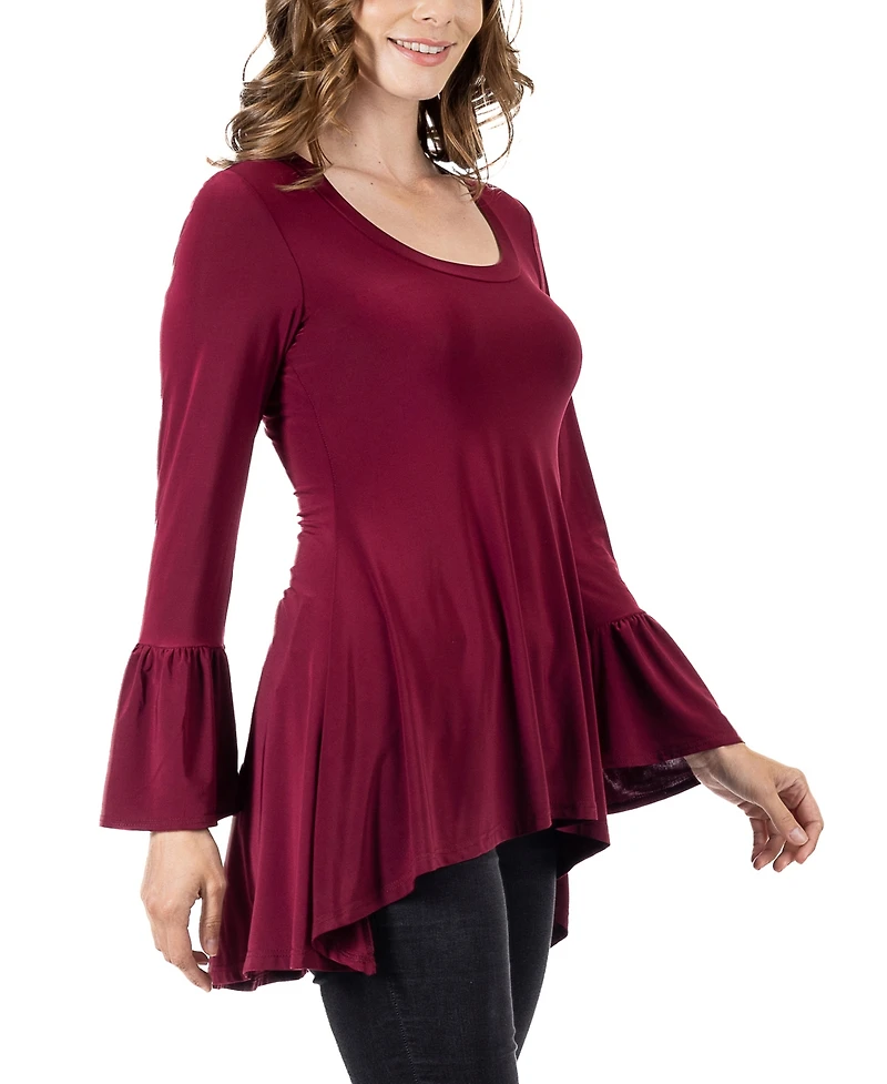 24seven Comfort Apparel Women's Long Bell Sleeve High Low Tunic Top