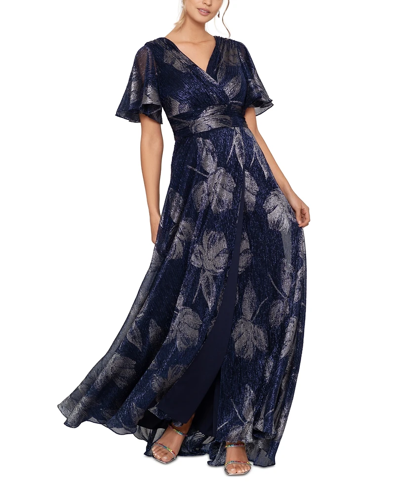 Betsy & Adam Petite Foil-Print Flutter-Sleeve Maxi Dress