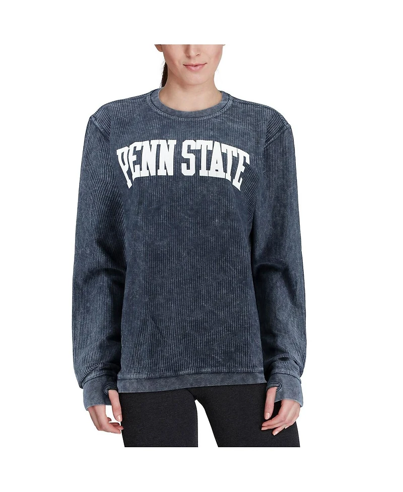 Women's Pressbox Navy Penn State Nittany Lions Comfy Cord Vintage-Like Wash Basic Arch Pullover Sweatshirt