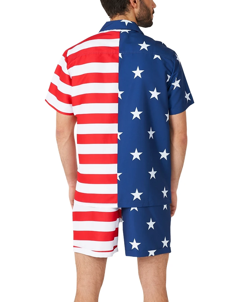 OppoSuits Men's Hawaiian 2 Piece Set - Usa Flag Beach Swim Wear Slim Fit Includes Short Sleeve Button Up Shirt and Shorts