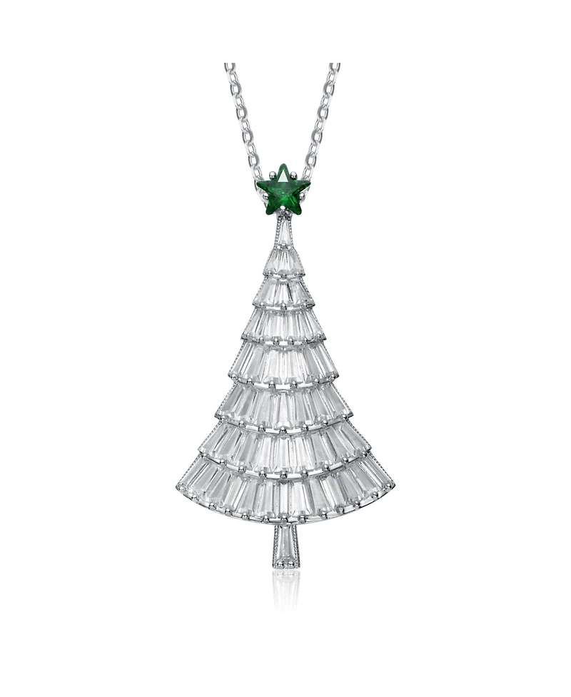 Festive Christmas Tree Pendant/Brooch in White Gold Plating with Cubic Zirconia in White and Green
