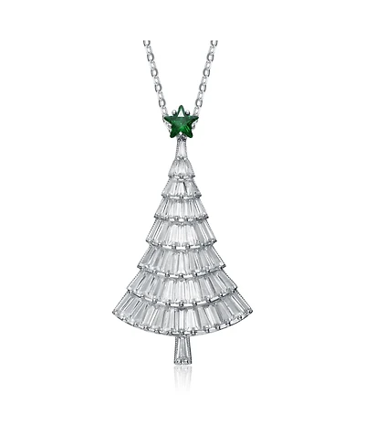 Festive Christmas Tree Pendant/Brooch in White Gold Plating with Cubic Zirconia in White and Green