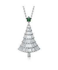 Festive Christmas Tree Pendant/Brooch in White Gold Plating with Cubic Zirconia in White and Green