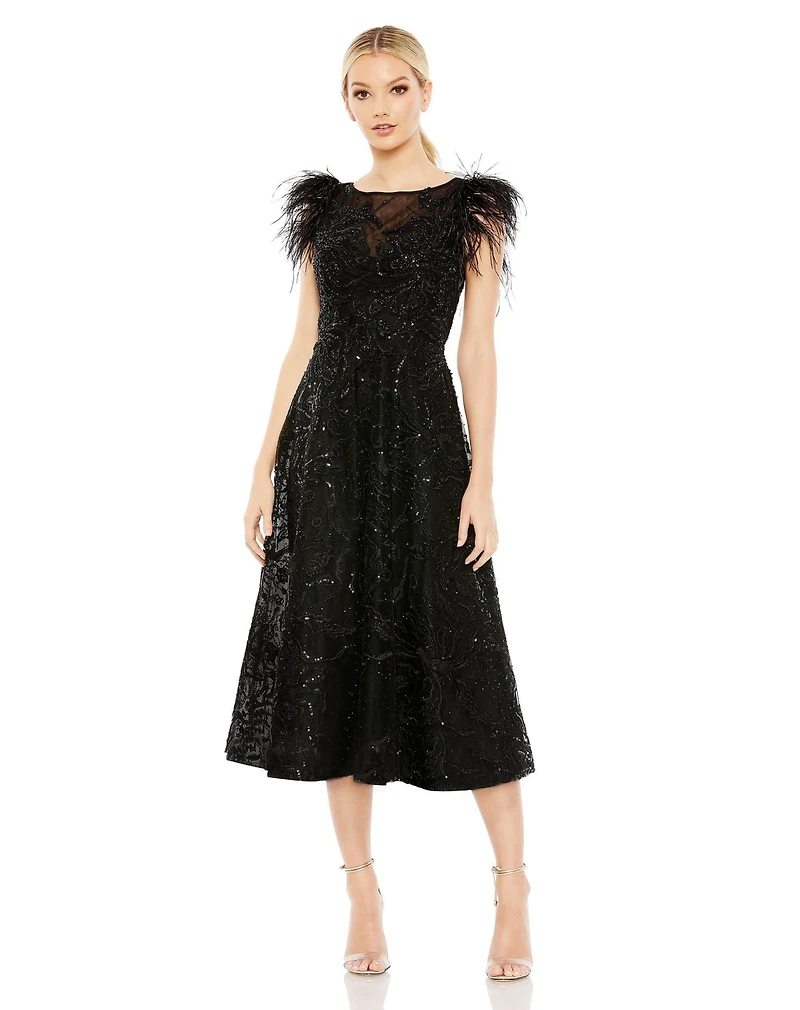 Mac Duggal Women's Feather Shoulder Embellished Dress