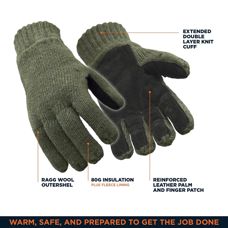 RefrigiWear Men's Fleece Lined Insulated Ragg Wool Gloves with Leather Palm