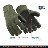 RefrigiWear Men's Fleece Lined Insulated Ragg Wool Gloves with Leather Palm