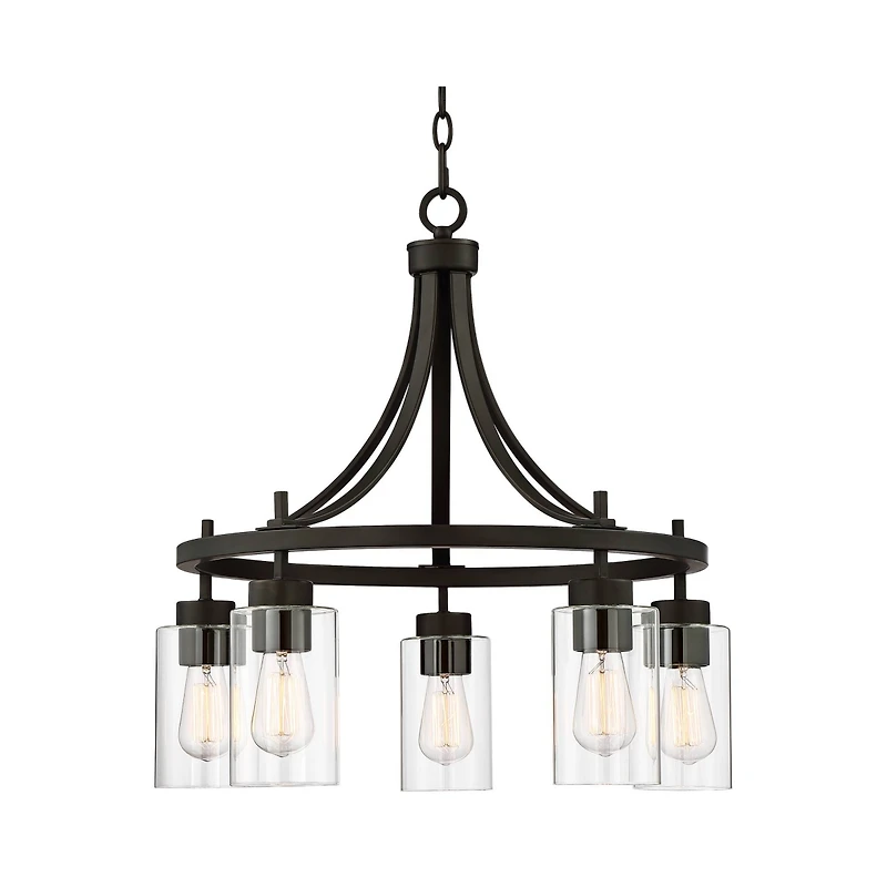 Franklin Iron Works Caleb Bronze Wagon Wheel Pendant Chandelier 23.75" Wide Industrial Clear Glass 5-Light Fixture for Dining Room House Foyer Entrywa