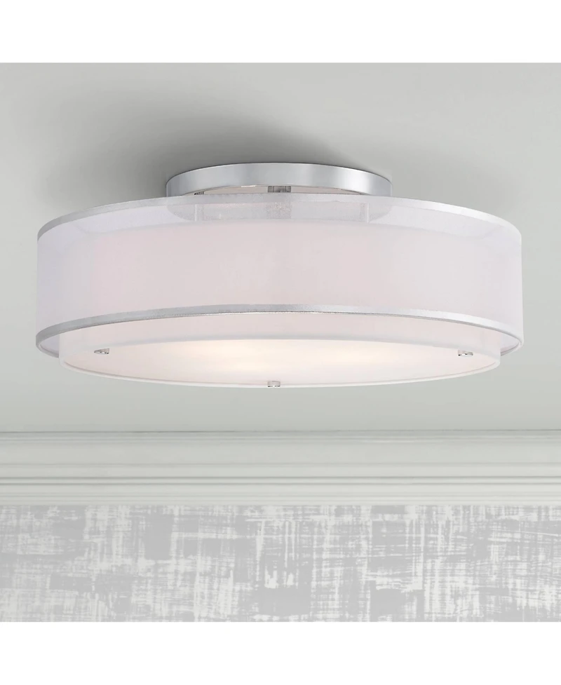 Possini Euro Design Modern Ceiling Lighting Semi Flush Mount Fixture 20" Wide Chrome 3-Light Sheer Outer Off White Inner Drum Shade for Bedroom H