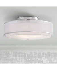 Possini Euro Design Modern Ceiling Lighting Semi Flush Mount Fixture 20" Wide Chrome 3-Light Sheer Outer Off White Inner Drum Shade for Bedroom H