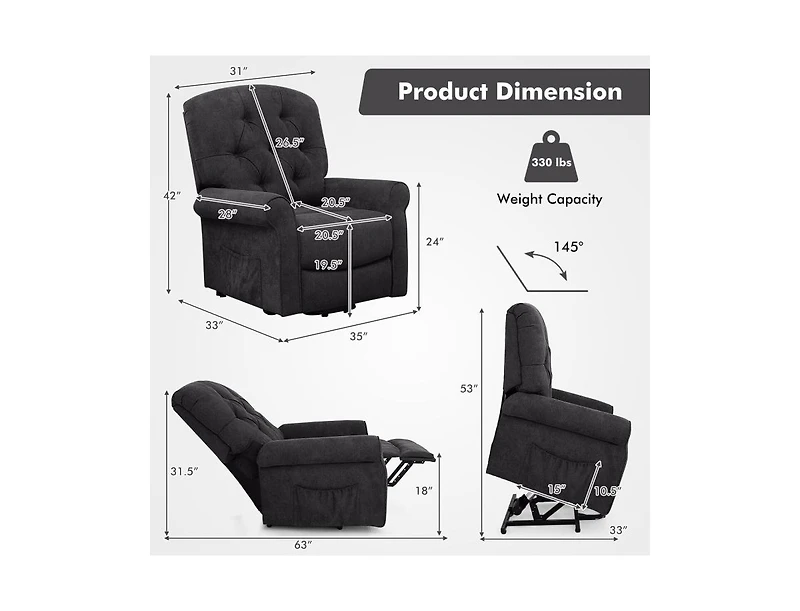 Recliner Chair Sofa for Elderly with Side Pocket and Remote Control-Black