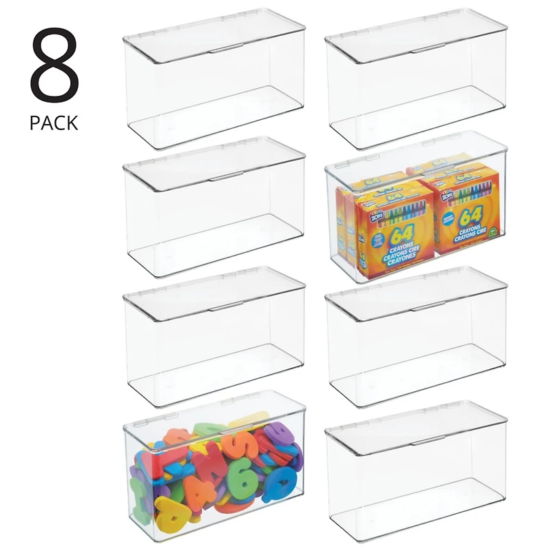 mDesign Plastic Playroom/Gaming Organizer Bin Box with Hinged Lid, 8 Pack, Clear
