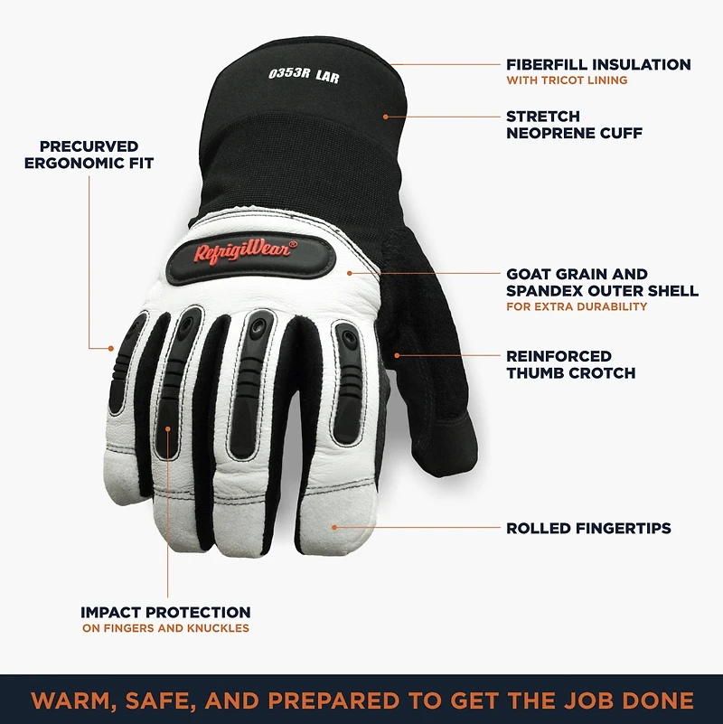 RefrigiWear Men's Ergo Leather Work Gloves - Durable, Insulated, High-Dexterity Cold Weather Protection