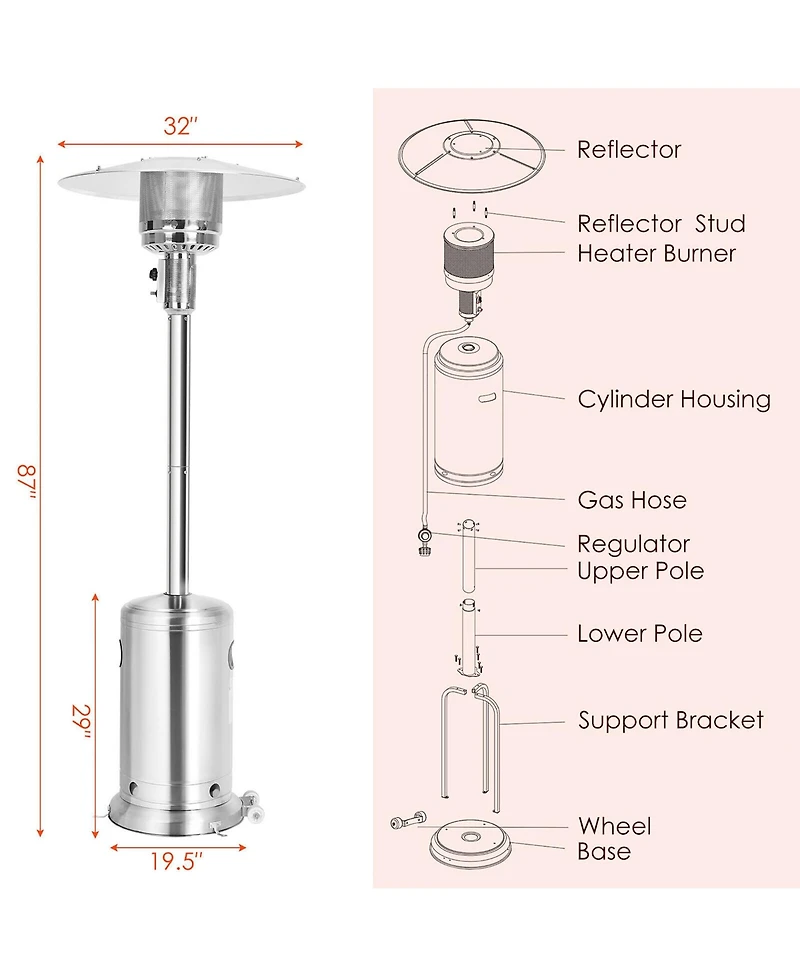 48000 Btu Stainless Steel Propane Patio Standing Heater