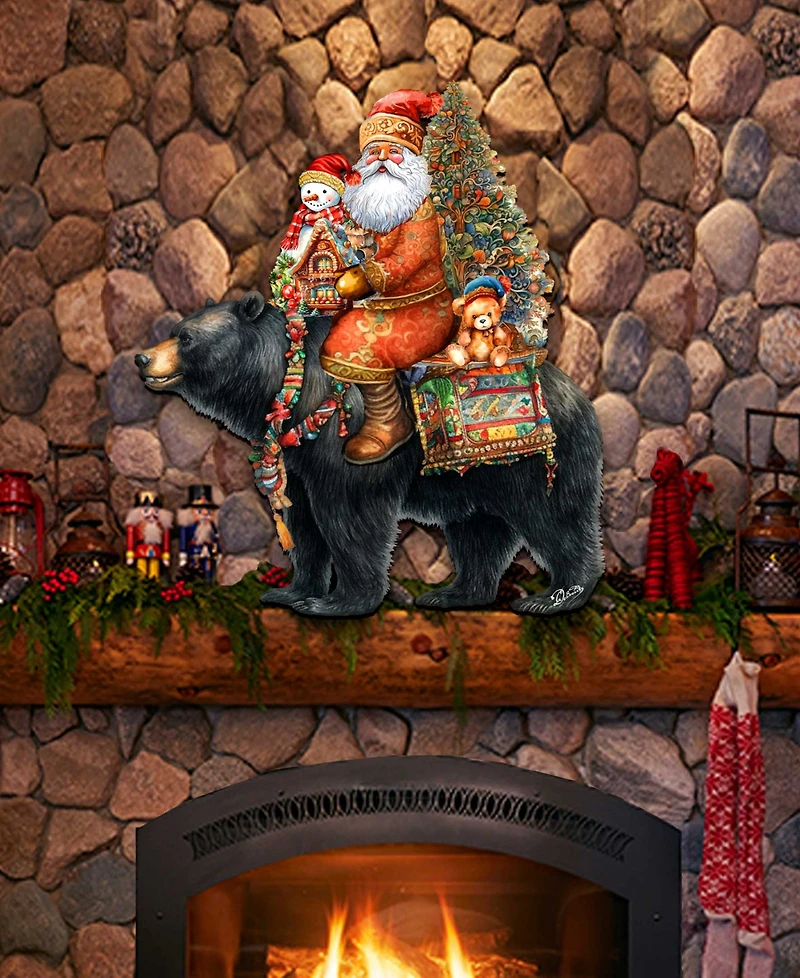 Designocracy Santa Claus and Black Bear Christmas Door Decor Wooden Wall Decor G. DeBrekht
