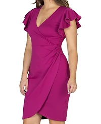 24seven Comfort Apparel Women's V-neck Ruffle Sleeve Knee Length Dress