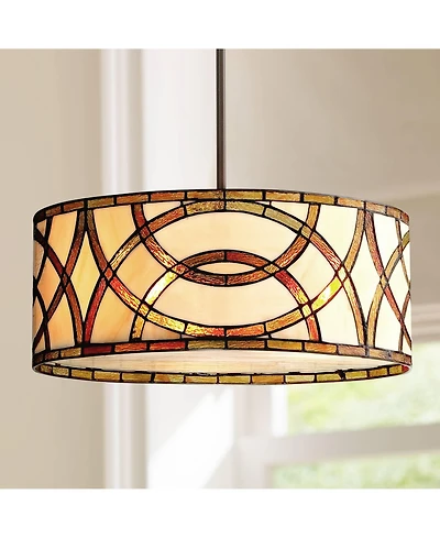 Robert Louis Tiffany Circles Bronze Pendant Chandelier 20" Wide Farmhouse Rustic Art Glass 3-Light Fixture for Dining Room House