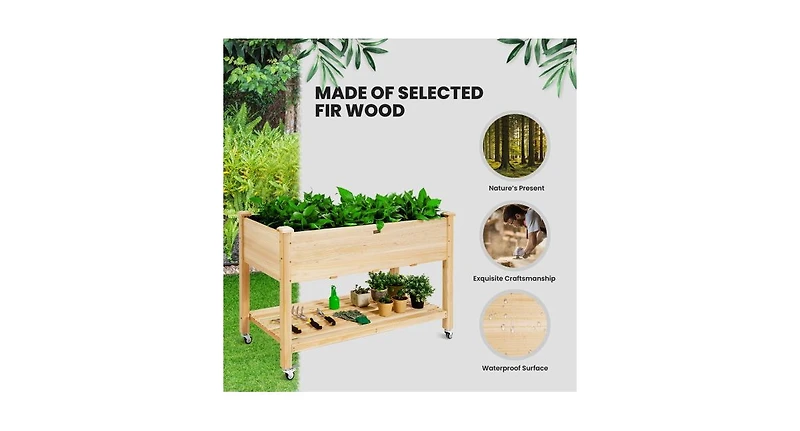 Wood Elevated Planter Bed with Lockable Wheels Shelf and Liner