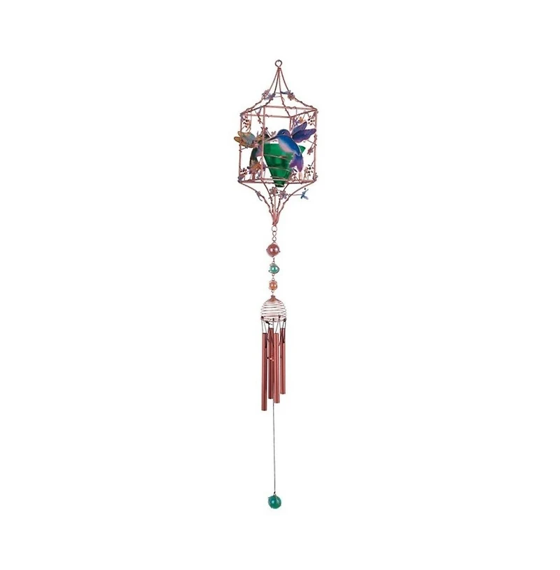 33" Long Hummingbird Copper and Gem Wind Chime with Candle Holder
