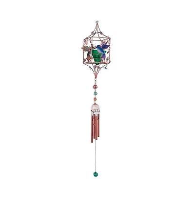 33" Long Hummingbird Copper and Gem Wind Chime with Candle Holder
