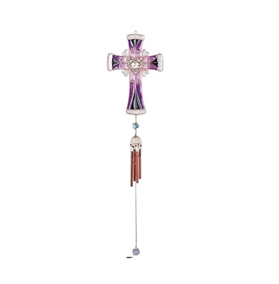 30" Long Purple Cross Wind Chime with Copper Gem