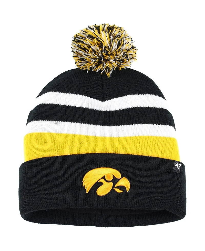 Men's '47 Brand Black Iowa Hawkeyes State Line Cuffed Knit Hat with Pom