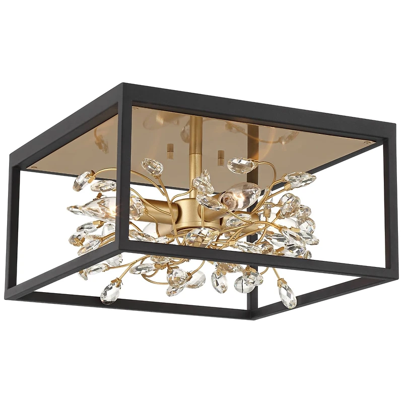 Possini Euro Design Carrine Modern Ceiling Light Flush Mount Fixture 14 1/4" Wide Black Gold 4-Light Clear Crystal for Bedroom Kitchen Living Roo