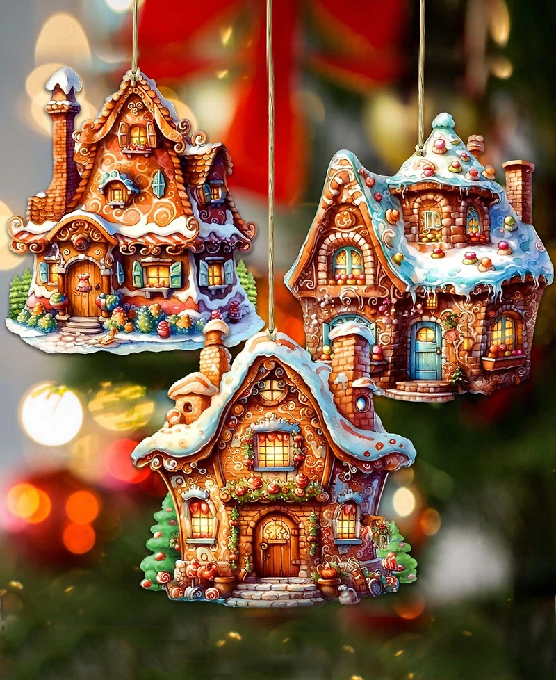 Designocracy Fairy Tale Houses Christmas Wooden Ornaments Holiday Decor Set of 3 G. DeBrekht