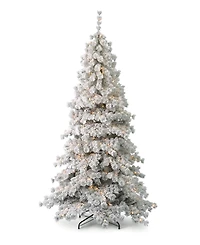 Seasonal Flocked Winter Fir 7.5' Pre-Lit Flocked Hard Needle Tree with Metal Stand 735 Tips, 300 Warm Led Remote, Ez-Connect, Storage Bag