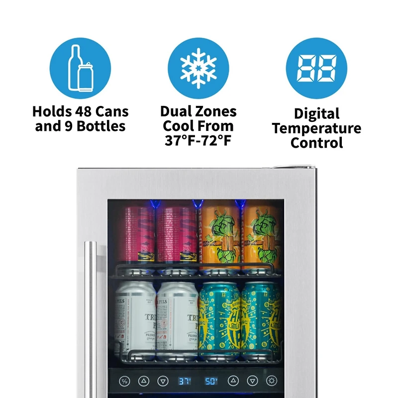 Newair 15" Premium Built-in Dual Zone 9 Bottle and 48 Can Wine and Beverage Fridge in Stainless Steel with SplitShelf