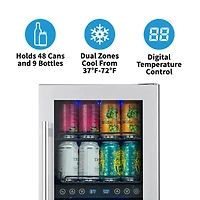 Newair 15" Premium Built-in Dual Zone 9 Bottle and 48 Can Wine and Beverage Fridge in Stainless Steel with SplitShelf