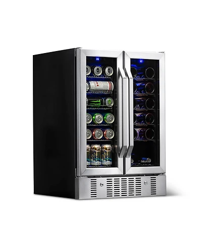 Newair 24" Built-in Dual Zone 18 Bottle and 58 Can Wine and Beverage Fridge in Stainless Steel with French Doors and Chrome Shelves