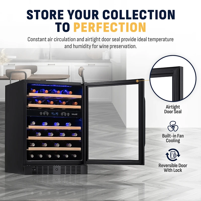 Newair 24-inch 46 Bottle Wine Cooler Refrigerator, Built-in Dual Zone Wine Fridge in Black Stainless Steel, Quiet Operation with Beechwood Shelves