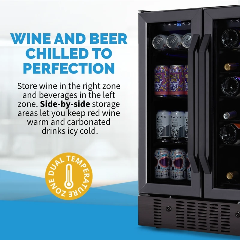 Newair 24" Wine and Beverage Refrigerator and Cooler, 18 Bottle and 60 Can Capacity, Built-in Dual Zone Fridge in Black Stainless Steel with Fren