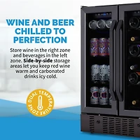 Newair 24" Wine and Beverage Refrigerator and Cooler, 18 Bottle and 60 Can Capacity, Built-in Dual Zone Fridge in Black Stainless Steel with Fren