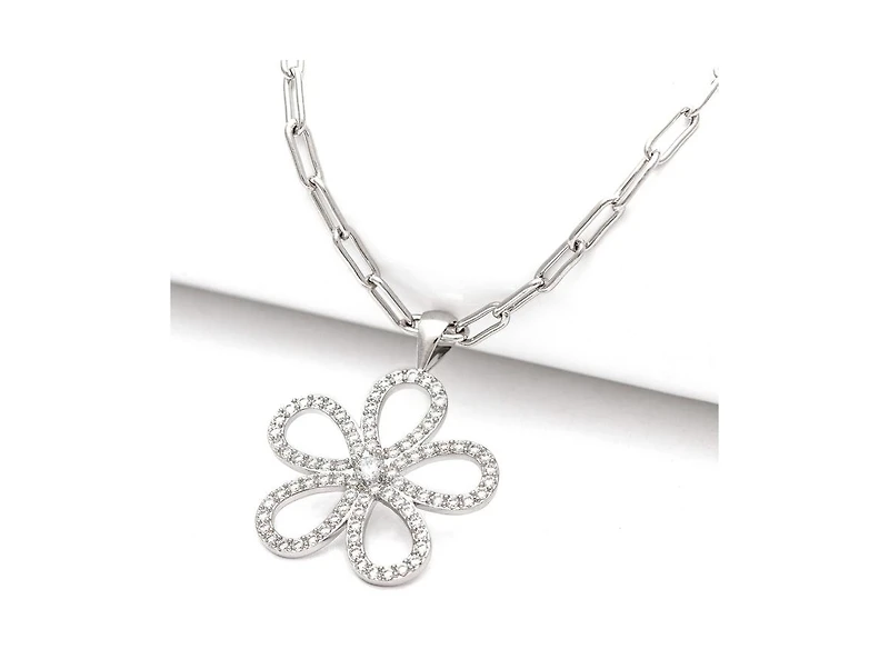 Rhodium Cubic Zirconia Flower Pendant Necklace
