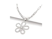 Rhodium Cubic Zirconia Flower Pendant Necklace