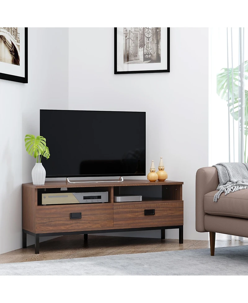 Homcom Corner Tv Stand for Tv up to 46", Entertainment Center with Open Storage and Drawers, Tv Table with Steel Legs, Dark Walnut