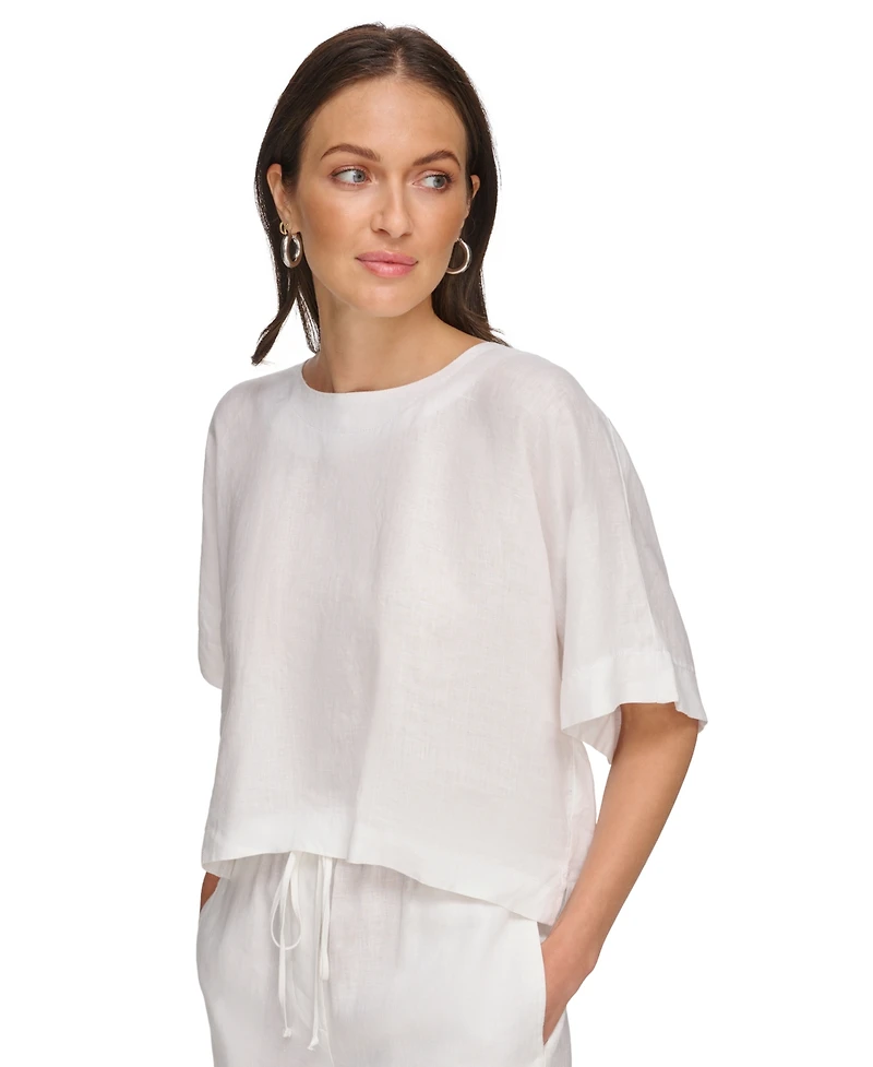 Dkny Linen Drop Shoulder Short Sleeve Top