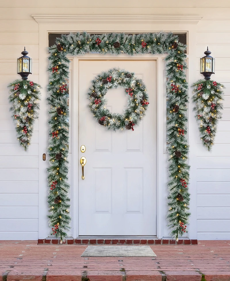 Glitzhome 3' Pre-Lit Pinecones and Red Berries Artificial Christmas Teardrop Swag with 50 Warm White Lights and Timer