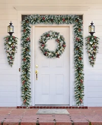 Glitzhome 3' Pre-Lit Pinecones and Red Berries Artificial Christmas Teardrop Swag with 50 Warm White Lights and Timer