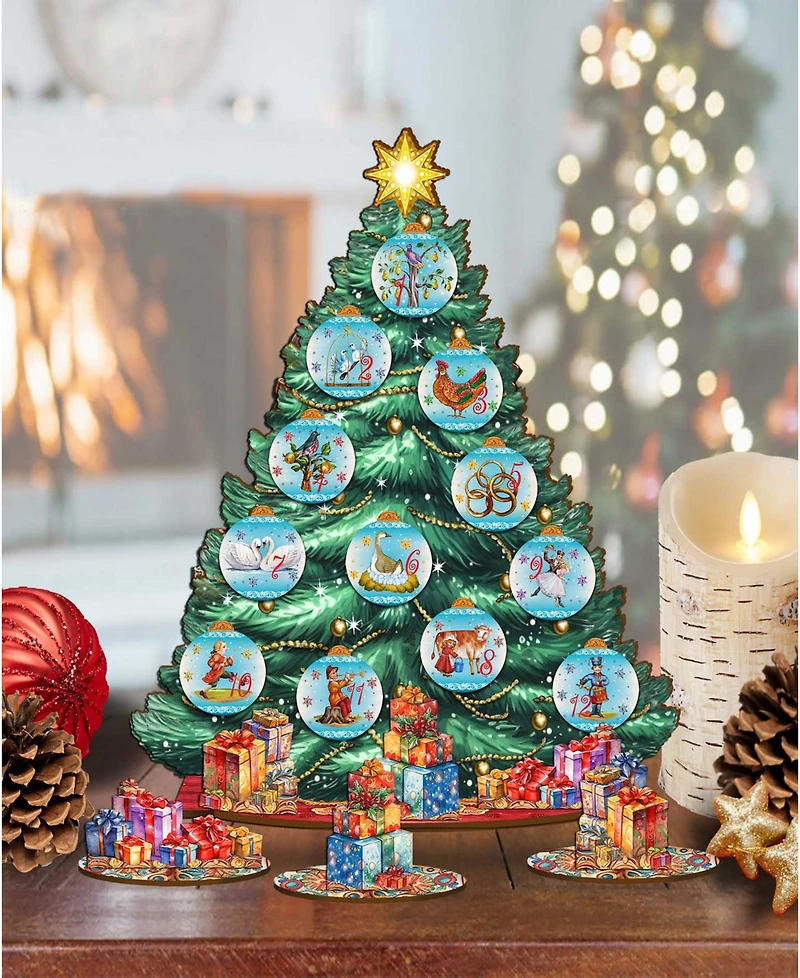 Designocracy 12 Days Themed Wooden Christmas Tree with Ornaments Set of 19 G. DeBrekht