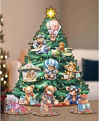 Designocracy Teddy Bears Themed Wooden Christmas Tree with Ornaments Set of 13 G. DeBrekht