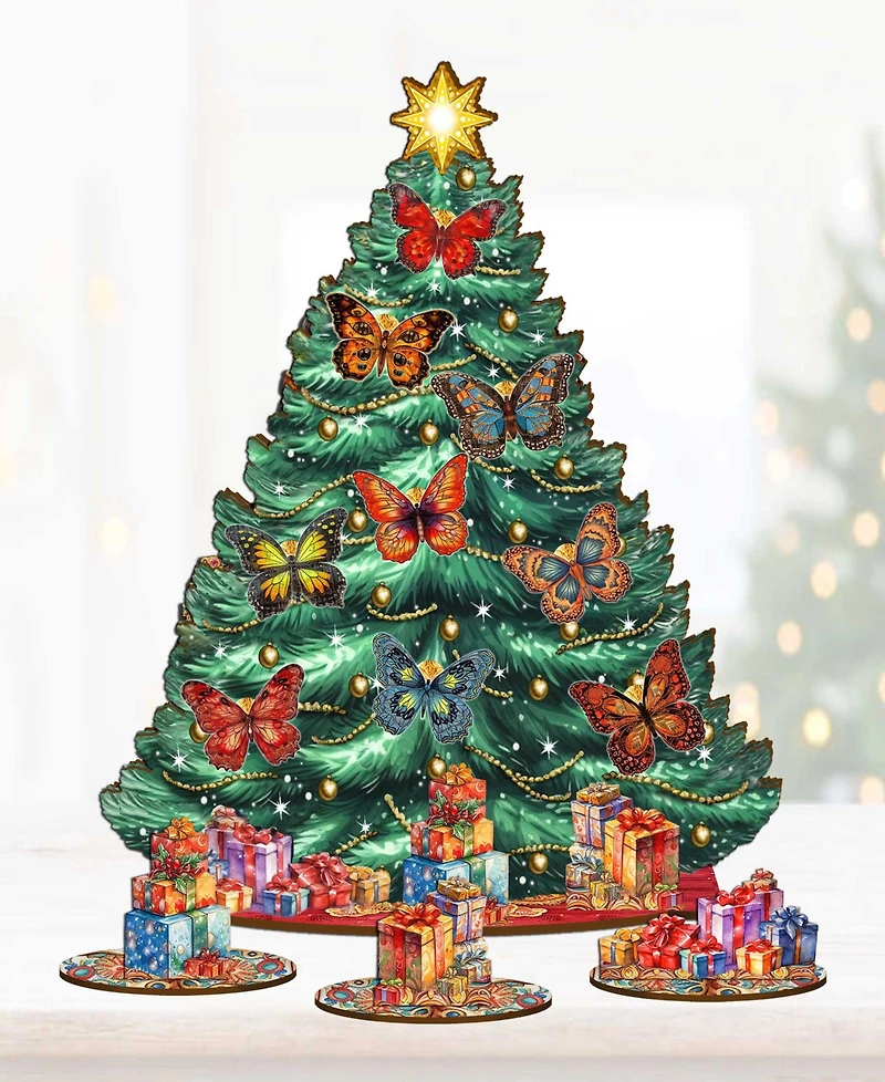 Designocracy Butterfly Themed Wooden Christmas Tree with Ornaments Set of 13 G. DeBrekht