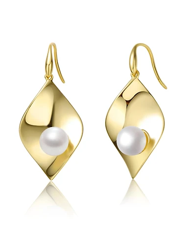 Sterling Silver 14k Yellow Gold Plated with White Freshwater Pearl Lily Pad Dangle Drop Wire Earrings