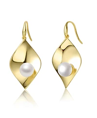 Sterling Silver 14k Yellow Gold Plated with White Freshwater Pearl Lily Pad Dangle Drop Wire Earrings